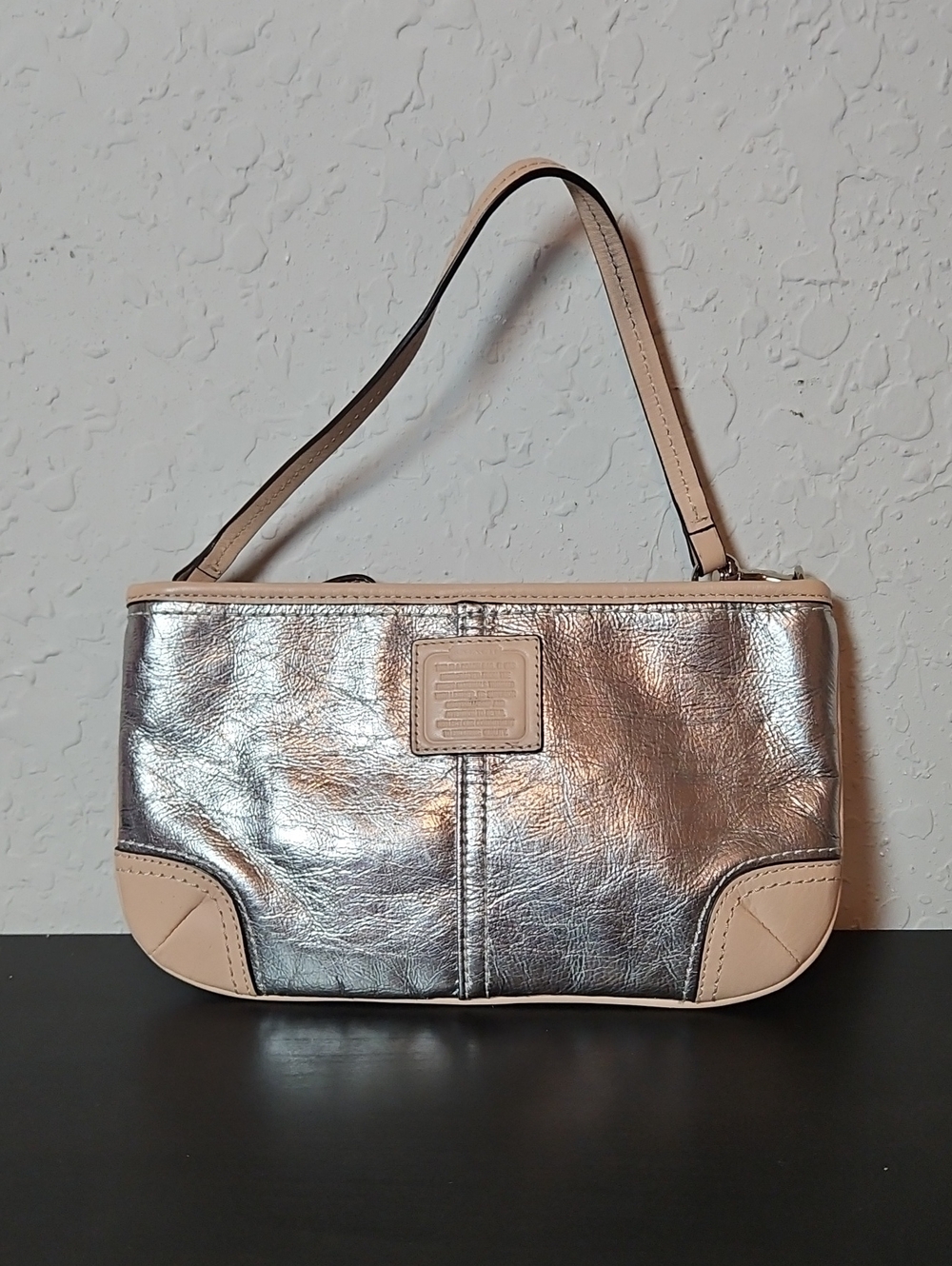 Coach Vintage Large Metallic Silver Wristlet with Cream Trim
